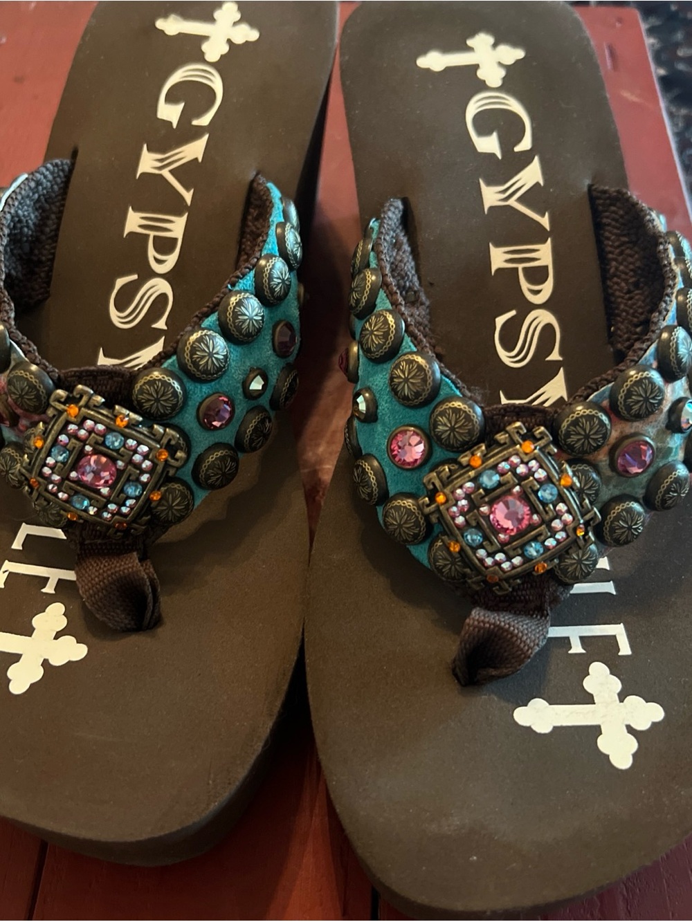 Embellished Turquoise and Brown Beaded Flip Flop Sandals